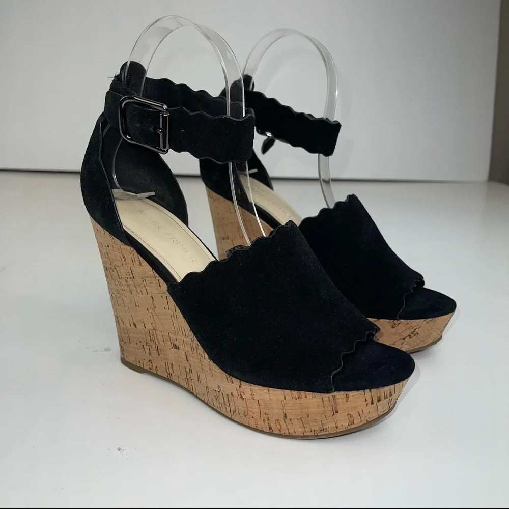 Marc Fisher Black Leather Hayo Wedge Platform Sandal 6